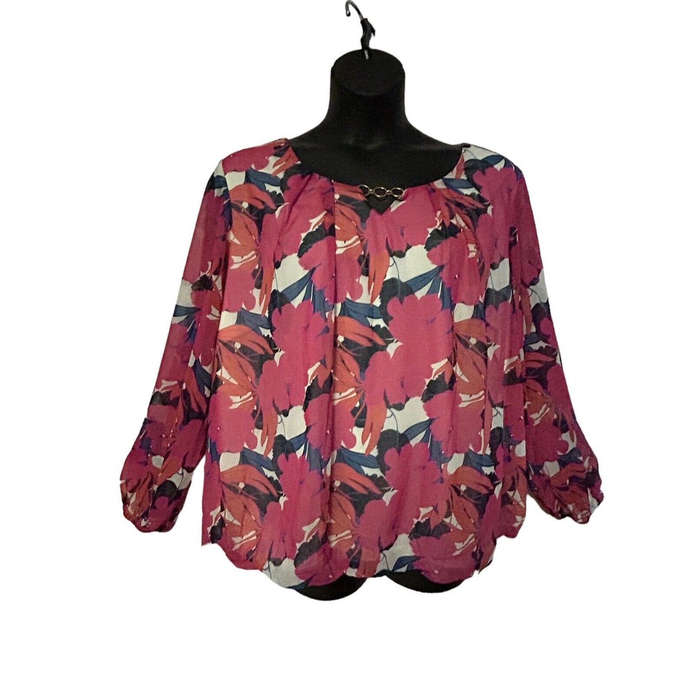 Monroe & Main Chiffon Overlay Pink Floral Blouson Career Dinner Party Guest Top - Picture 4 of 16
